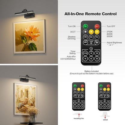 LED Wireless Picture Light with Remote Control,USB Rechargeable Battery Powered Art Lights,Dimmable,Timing,Black Wall Lights for Paintings,Picture Frame,Gallery(Black, 11.62inch)