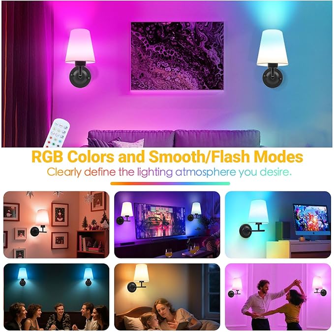 Battery Operated Wall Sconce Set of Two, Black Cordless Rechargeable Wall Lights with Remote and Timer, 12 RGB Colors Dimmable Wall Lamps for Bedroom Living Room Hallway