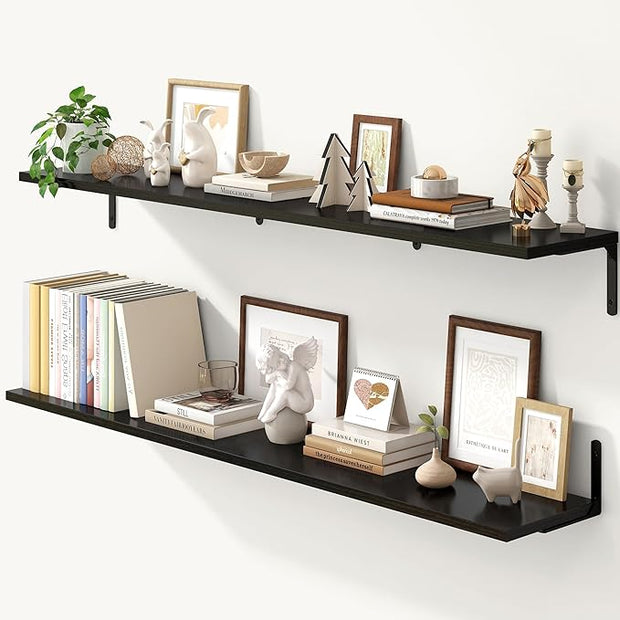 Fun Memories Deep Floating Shelves, 55W x 8D Floating Shelves Set of 2, Wall Mounted Shelf with Metal Brackets, Rustic Wood Wall Shelf for Bathroom, Kitchen and Living Room, Black