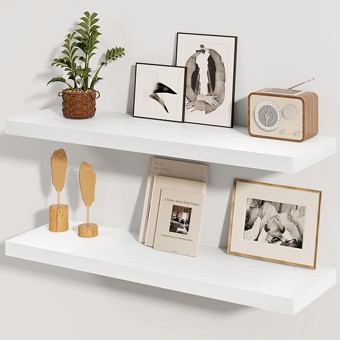 Fun Memories White Floating Shelves 36 Inch Long, 8 Inch Deep Floating Shelf for Wall, 36" W x 8" D Floating Shelves Set of 2, White Deep Wall Shelves for Bedroom, Living Room, Kitchen