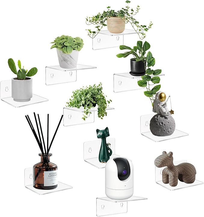 10 Pack 4 Inches Small Acrylic Wall Shelves,Clear Floating Shelves with Dual Installation (Adhesive & Screws), for Storing Surveillance Cameras, Speakers, Perfume Bottles, Plants