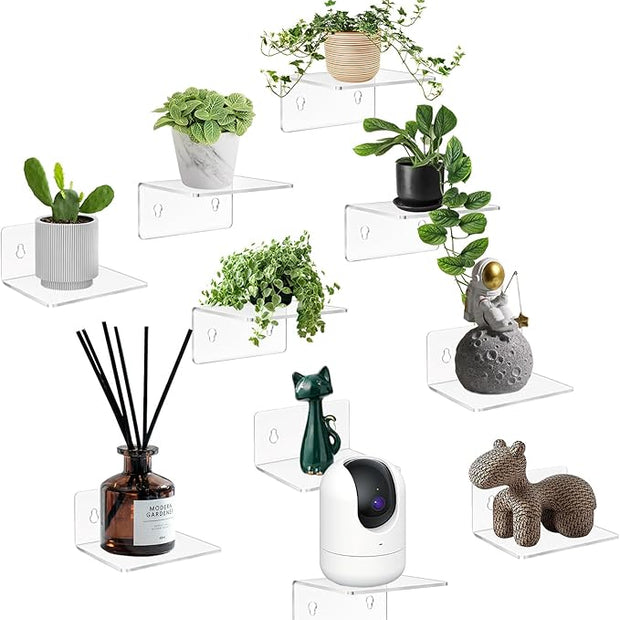 10 Pack 4 Inches Small Acrylic Wall Shelves,Clear Floating Shelves with Dual Installation (Adhesive & Screws), for Storing Surveillance Cameras, Speakers, Perfume Bottles, Plants