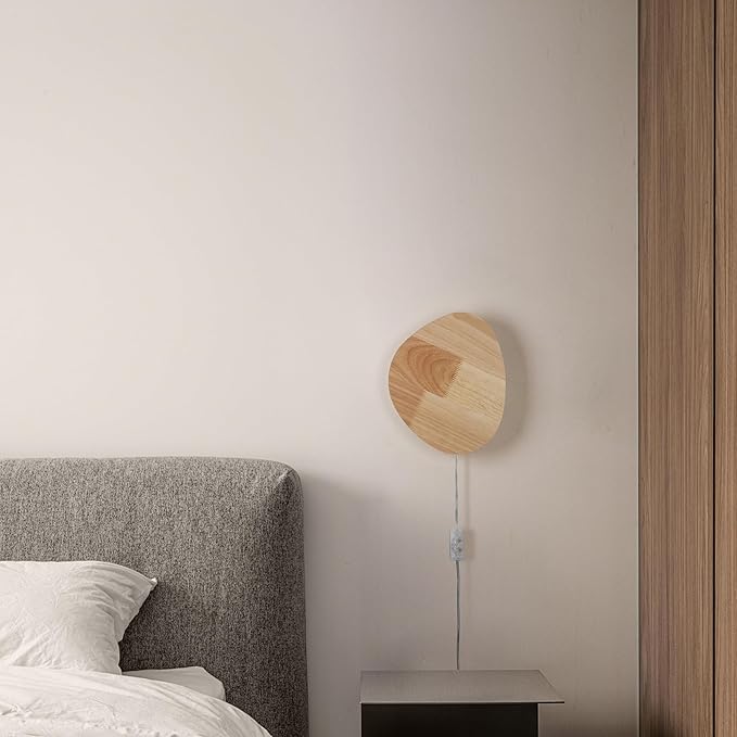 Modern Minimalist Plug in Wall Sconces, 9.4'' Plug-in Or Cordless Wood Backlight LED Wall Lamp, 12W, 1100LM Warm White Brightness Wall Light Fixtures for Bedroom, Living Room Wall Décor