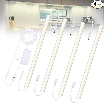 Under Cabinet Lights Plug-in Daylight White 4000K, Dimmable LED Under Cabinet Lighting, 4pcs 12 Inch Under-Counter Light Fixtures with Memory Function, Linkable LED Cabinet Light for Kitchen