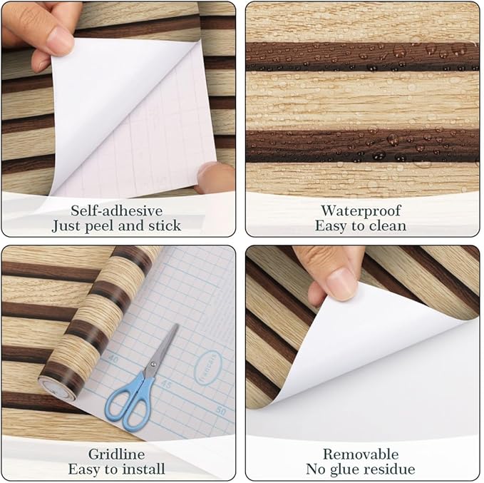 Arthome 17''x120'' Wood Slat Wallpaper Peel and Stick self Adhesive Wood Wallpaper PVC Vinyl Decorative Removable Wallpaper Waterproof Faux Wood Grating Stripe Contact Paper for Living Room Bedroom
