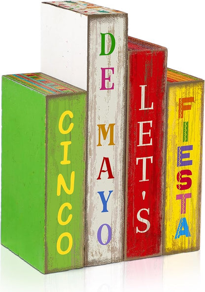4 Pcs Cinco De Mayo Decor Wooden Books Stack Mexican Table Decorations Rustic Fiesta Tiered Tray Decor Sombrero Cactus Red Chili Centerpiece for Fiesta Mexican Birthday Party Decoration