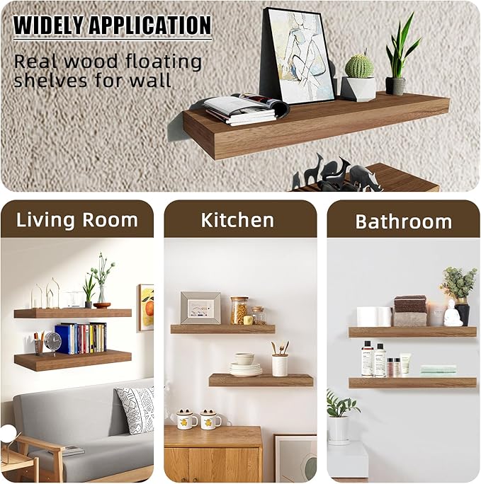 24 Inch Floating Shelves, Bathroom Wooden Shelves for Wall Mounted, Rustic Farmhouse Floating Shelves, Solid Wood Wall Shelves for Storage, Set of 2, Carbonized Black