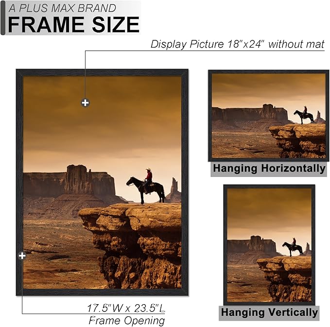 A PLUS MAX 18x24 Picture Frame Set of 3, Black Engineered Wood Frame for 18 x 24 Inch Picture Poster Photo, Light Weight 18 by 24 Frame with Wood-grain for Wall - 3 Pack/Black/18 x24