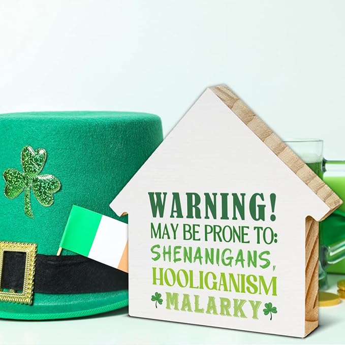 Funny St. Patrick's Day Decor, Shamrock Decorations, St. Patricks Day House Shaped Wood Block Sign, Home Office Decor for Desk Table Shelf