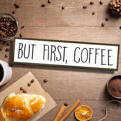 Coffee Signs for Coffees Station Decor, Farmhouse Table Shelf Decoration, Wall Art for Home Office Kitchen, Rustic Wooden Hanging Sign, But First Coffee Signs, 17.8x4x1.2 inches