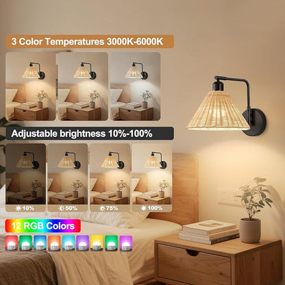 Rattan Rechargeable Wall Sconce Set of 2, Black Battery Operated Wall Lights with Remote, Hand Woven Boho Sconces Swing Arm Wireless Wall Lamp for Bedroom, Living Room, Hallway Decor