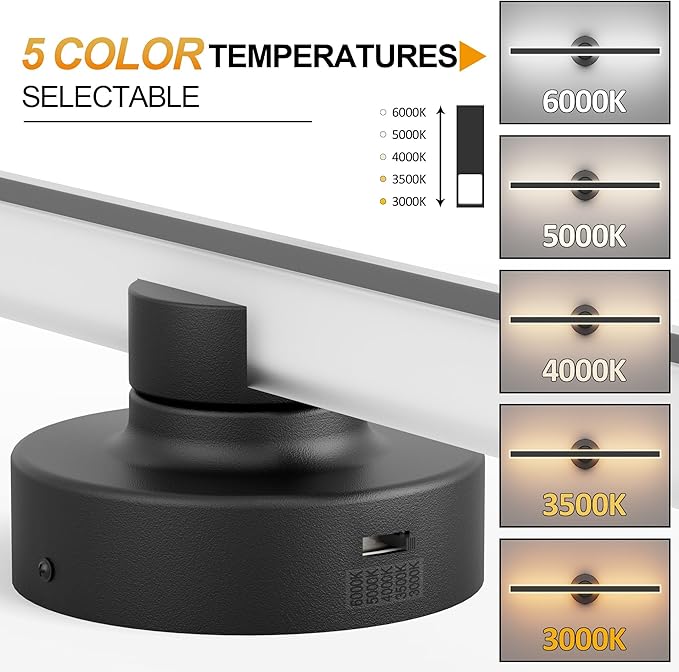 Modern Black Vanity Light, 23.62 inch 5 Colors Wall Sconce Dimmable, LED Bathroom Light Fixtures for Mirror