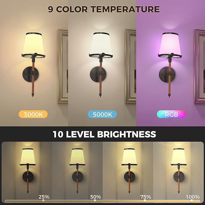 DORESshop Battery Operated Wall Sconce Set of 2, Wireless Wall Light Easy to Install, 7 Color Rechargeable Wall Sconces, Sconce Wall Decor Set of 2 for Bedroom, Living Room, Black and Leather, 18.7in