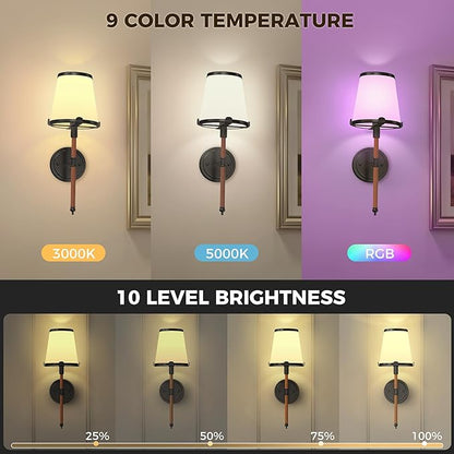 DORESshop Battery Operated Wall Sconce Set of 2, Wireless Wall Light Easy to Install, 7 Color Rechargeable Wall Sconces, Sconce Wall Decor Set of 2 for Bedroom, Living Room, Black and Leather, 18.7in