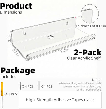 Acrylic Floating Shelves, Adhesive Wall Mount Command Shelves for Bathroom, Kitchen, Dorm - Renter-Friendly Easy Install Wall Shelves for Home Decor and Organization (Fully Clear-2 Pack)