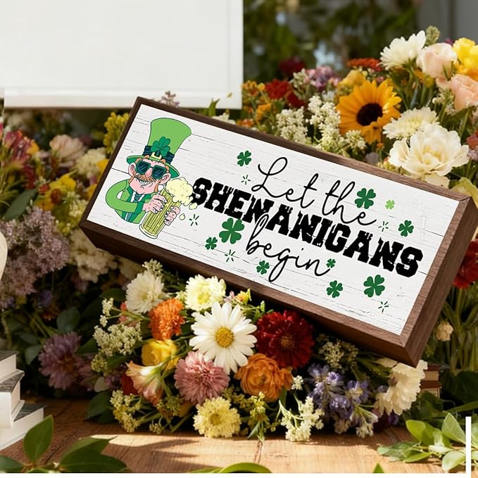 St Patricks Day Decor, Let the Shenanigans Begin Sign, Freestanding Wooden Plaque Sign, Desk Decors Art, Lucky Shamrock Decor, Irish Holiday Decors for Home Office Party, 9.5x3.1x1 inches