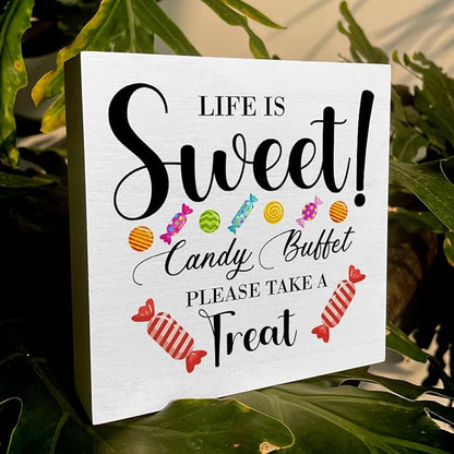 Candy Lover Artwork Wood Box Sign Rustic Farmhouse Style Life Is Sweet Candy Buffet Wood Block Plaque 5 X 5 Inches Home Desk Sign Decor for Presents