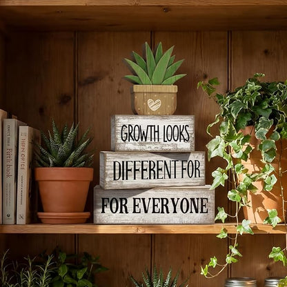 4 Pcs Inspirational Farmhouse Table Decor Growth Looks Different for Everyone Rustic Stacked Wooden Block Signs with Inspirational Quote Artificial Succulent for Home, Office, Shelf Gift
