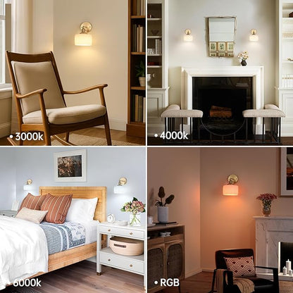 Vintage Battery Operated Wall Sconce with White Striped Glass Lampshade 5000 mAh Rechargeable Battery Powered Wall Light with Remote Control for Bedside Bedroom Doorway, Set of 2