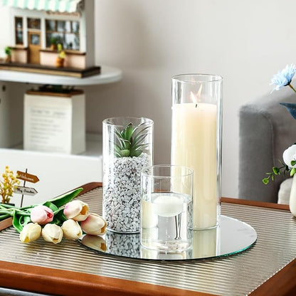 Sawysine 16 Pcs 3.4'' X 4.7", 7", 9.8" Round Glass Mirror Trays Glass Cylinder Vase Wedding Table Flower Vase with Mirror Set Table Centerpiece Decoration for Wedding Decor Craft Baby Shower