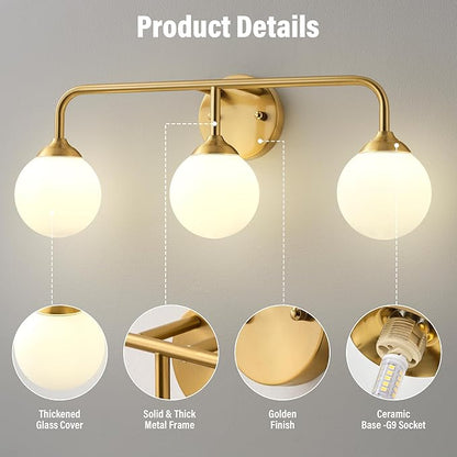 Bathroom Light Fixtures - 3 Light Brushed Brass Vanity Light Over Mirror for Bathroom Mirror Living Room Bedroom, Gold Bathroom Wall Sconce with Frosted Glass Shade, 3 G9 Bulbs Included