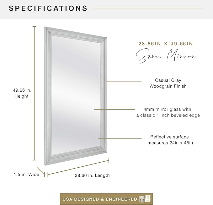 MCS Ezra 28.66x49.66 Large Wall Mirror, Gray Woodgrain & Beveled Mirror, Vertical & Horizontal Wall Hanging Mirror for Bathroom, Bedroom & Livingroom
