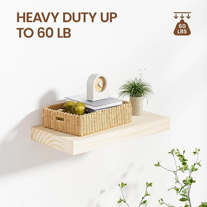 Heimlove 16 Inch Floating Shelves for Wall Solid Wood Shelves Set of 2,Wall Mounted Rustic Wood 8 Inch Deep Floating Shelf with Invisible Brackets for Bedroom Kitchen Living Room