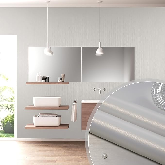 wishFIRE Grey Peel and Stick Wallpaper 15.7"×1180" Metallic Textured Contact Paper Modern Waterproof Wallpaper Removable Self Adhesive Vinyl DIY Decor Wall Paper for Bedroom Kitchen Cabinets Fridge