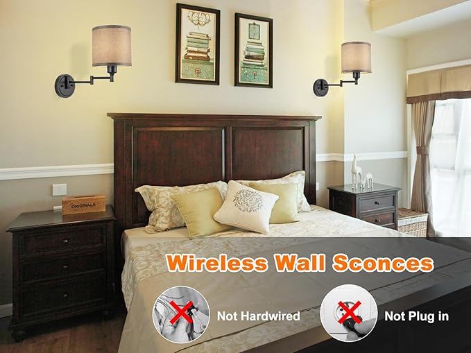 Battery Operated Wall Sconce with Remote Control, 15 Colors Dimmable Wireless Wall Sconces Set of Two, Rechargeable Cordless Wall Sconce Light, Swing Arm Wall Lamp with Grey Fabric Shade
