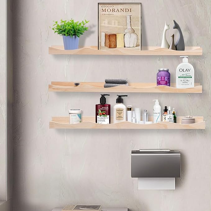 AZSKY Floating Bookshelf for Kids, Cloud Picture Ledge Shelf Natural 23.6 Inches Nursery Book Shelves Set 3, Baby Book Shelf for Kids Room, Toddler Room, Nursery Decor