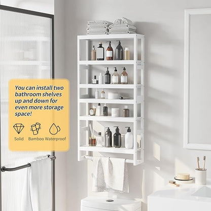Bathroom Shelves with Hanging Bar Over Toilet Storage - Adjustable Wall Organizer (White)