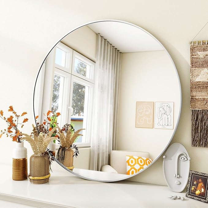 VooBang Silver Round Bathroom Mirror, 24 inch Circle Wall Mounted Hanging Mirror with Simple Modern Circular Metal Frame for Hallway, Entryway, Living Room, Silver Frame