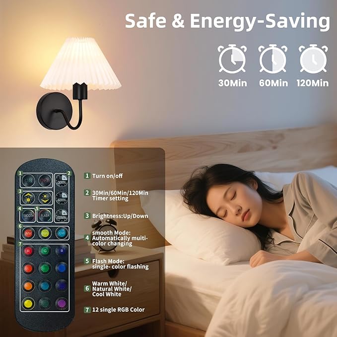 Rechargeable Battery Operated Wall Sconces Set of 2,Black Wall Lights with Remote,Dimmable Wall Lamp with Pleated Shades,15 Colors Wireless Bathroom Vanity Wall Light for Bedroom Living Room Hallway
