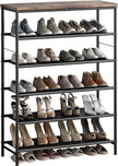 Shoe Rack Organizer 6 Tier Metal Organizer Shelf with Industrial MDF Board and Layer Fabric for Entryway Closet Bedroom Living Room Garage,Black & Rustic Brown (Black+Rustic Brown, 6 Tier)