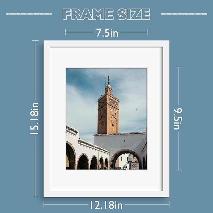 Wiscet Picture Frame Set of 9, 11x14 with Mat or 8x10, White, Classic Design, Engineered Wood, Wall Mount or Tabletop