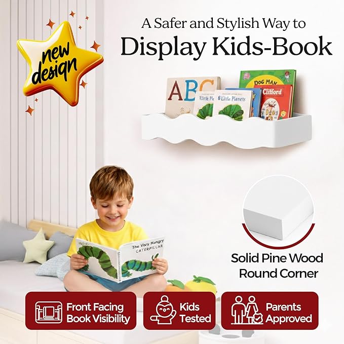 Ovalo Nursery Book Shelves Set of 2 - Solid Pine Wood Nursery Bookshelf, Floating Nursery Shelves for Wall, Wall Bookshelf for Kids Room, No-Assembly Wall Mounted Baby Book Shelf. (White)