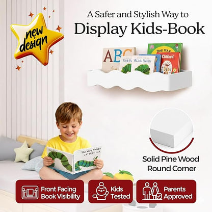 Ovalo Nursery Book Shelves Set of 2 - Solid Pine Wood Nursery Bookshelf, Floating Nursery Shelves for Wall, Wall Bookshelf for Kids Room, No-Assembly Wall Mounted Baby Book Shelf. (White)