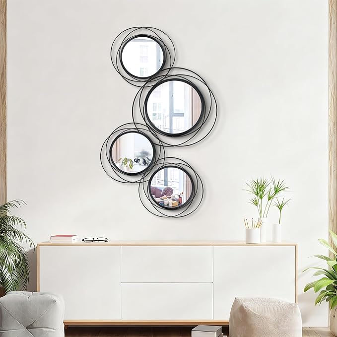 4 Set Mixed Size Black Circle Mirrors Wall Decor Iron Frame Wall Art Round Mirror Home Decor Hanging for Living Room/Bedroom/Bathroom/Entryway