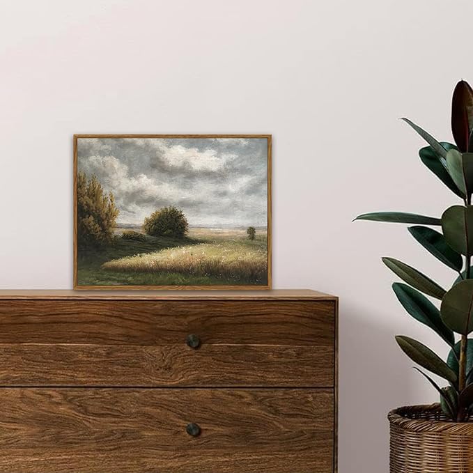 SHENIFY Vintage Landscape Framed Canvas Wall Art Grassland Classic Wall Prints Farmhouse Bathroom Office Decor - 11x14in Natural Framed