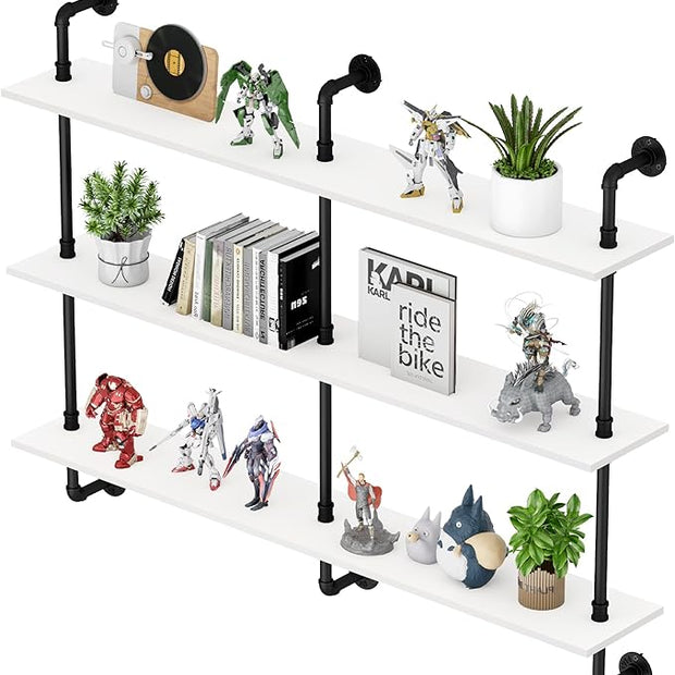 3-Tier Industrial Pipe Floating Shelf – Rustic 60 inch Wood Wall-Mounted Storage Shelf for Kitchen Office,Bathroom & Home Decor -White