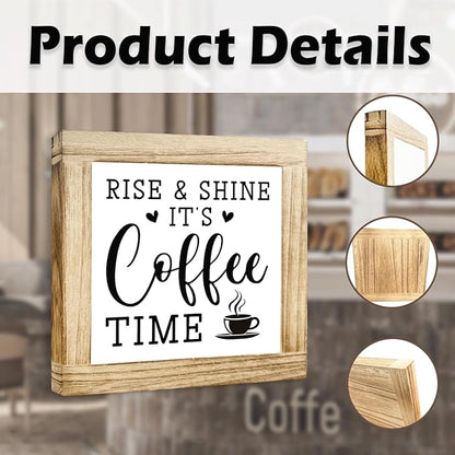 Wooden Coffee Sign Rise & Shine It's Coffee Time Farmhouse Coffees Bar Signs Rustic Wooden Sign Handmade Kitchen Wall Art Coffees Plaque for Home Office Kitchen Decoration 5.9x5.9 inches