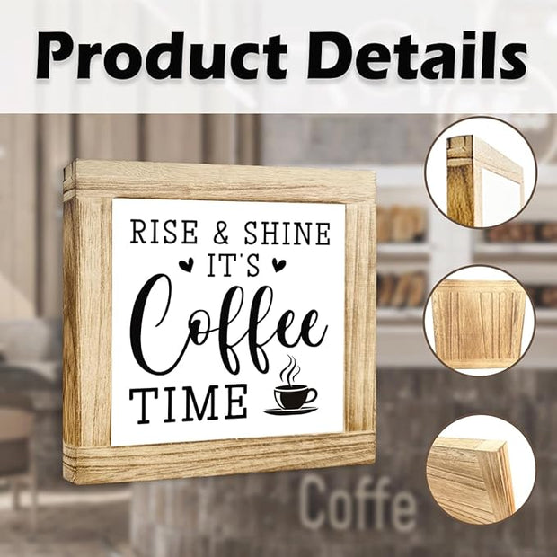 Wooden Coffee Sign Rise & Shine It's Coffee Time Farmhouse Coffees Bar Signs Rustic Wooden Sign Handmade Kitchen Wall Art Coffees Plaque for Home Office Kitchen Decoration 5.9x5.9 inches