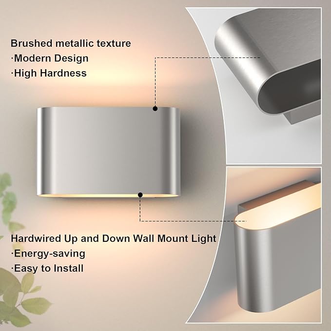 Aipsun Nickel Modern LED Wall Sconces Set of 2 Indoor Wall Lights Hardwired Up and Down Wall Mount Light for Living Room Bedroom Hallway Corridor Conservatory Warm White 3000K(with G9 Bulbs)