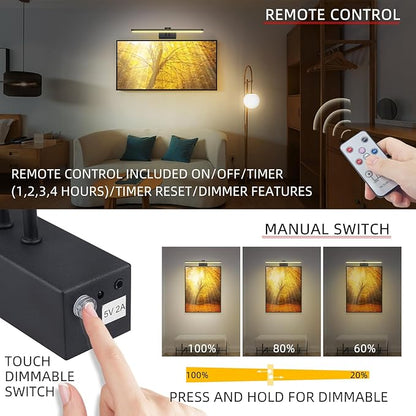 FUNCHDAY Picture Light,Battery Art Lights for Wall,Wireless Remote Painting Light with Timer and Dimmable,13”Metal Display Lighting for Artwork,Portrait,Gallery-Black