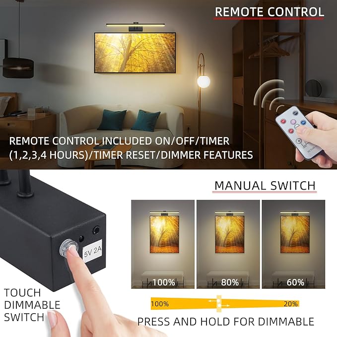 FUNCHDAY Picture Light,Battery Art Lights for Wall,Wireless Remote Painting Light with Timer and Dimmable,20”Metal Display Lighting for Artwork,Portrait,Gallery-BK