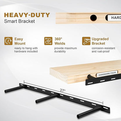 Fun Memories Floating Shelves, 9.3 Inch Deep Solid Pine Wood Wall Shelves for Storage, Wall Mounted Display Shelf with Invisible Heavy-Duty Metal Bracket, 48 Inch Width, Unfinished - DIY Stain