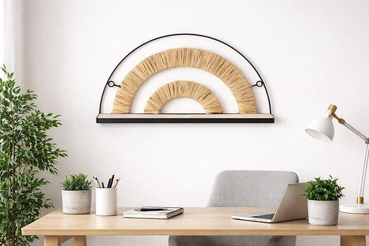 Urban Lifestyle Boho Rainbow Floating Wall Shelf, Arched Woven Wood Shelf with Metal Frame, Modern Natural Wall Décor