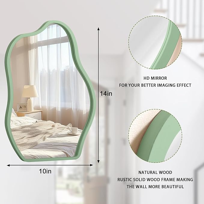 Asymmetrical Mirror for Wall Decor Cute and Stylish Unique Wooden Framed Wall Mirror Small Vanity Cloud Artistic Mirrors Decorative for Living Room Bedroom Bathroom Entryway Green