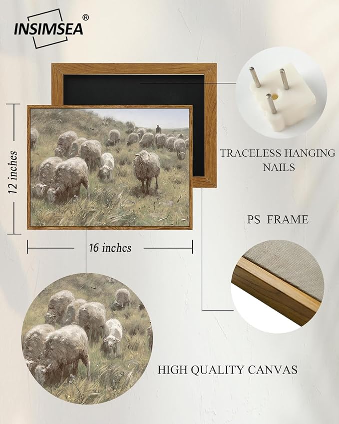 InSimSea Framed Canvas Wall Art Vintage Decor, Sheep on the Dunes Wall Pictures Farmhouse Decor Wall Art, Large Wall Art Living Room Decoration, Bathroom Bedroom Office, 12