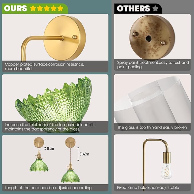 Battery Operated Wall Sconce Set of 2, Rechargeable Battery-Powered Wall Light with Green Glass Lampshade,Wireless Indoor Wall Lamp with Remote Control for Living Room Bedroom